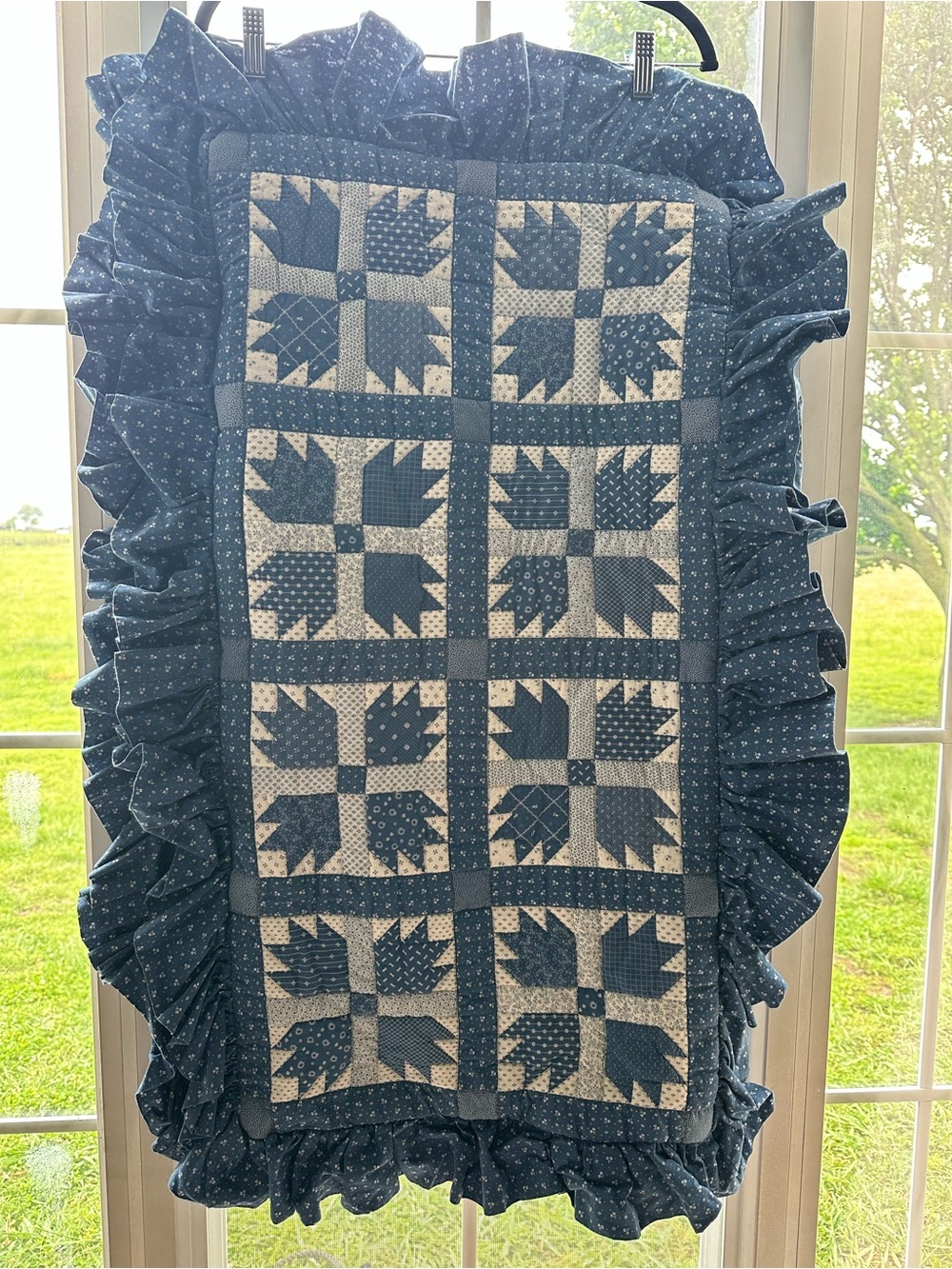 Vintage Handmade Blue Patchwork Quilt King Size Ruffled Edge Cottage Farmhouse
